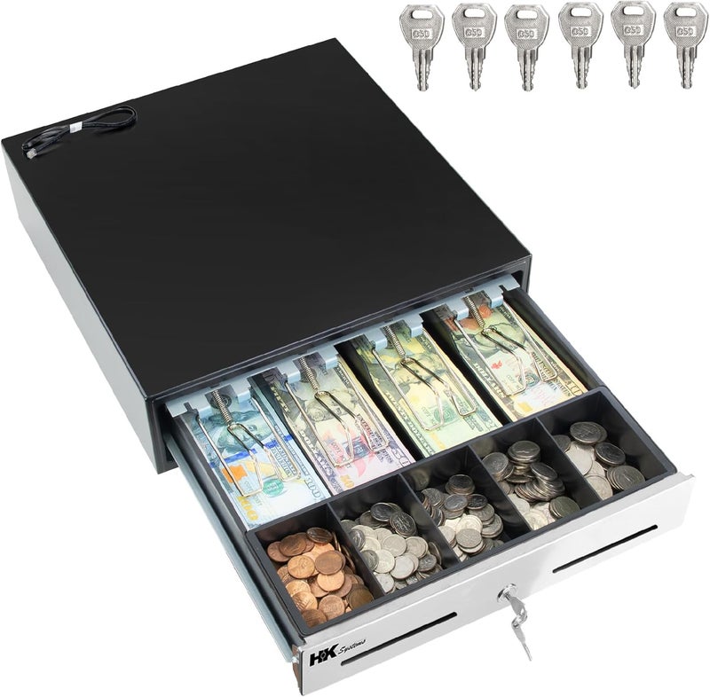 HK SYSTEMS 13inch "Stainless Steel" Front Heavy Duty Black POS Interface Cash Drawer with 4Bill/5Coin - Image 1